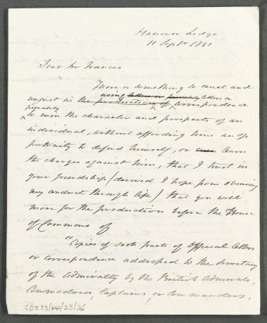11 Σεπτεμβρίου 1831 O Κόχραν ζητάει από τον Francis Burdett (?) να τον βοηθήσει να εντοπίσει όσους ανώνυμα διασπείρουν αβάσιμες κατηγορίες στους αξιωματούχους του ναυτικού που πλήττουν το κύρος του.