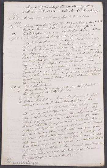 1828-1832 Ημερολογιακές σημειώσεις του William Jackson σχετικά με το αίτημα αποκατάστασης του Κόχραν στο βρετανικό ναυτικό.