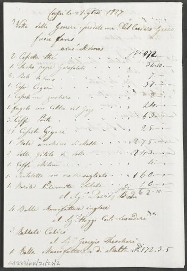 28 Νοεμβρίου 1827 Κατάλογος εμπορευμάτων που απέσπασαν οι κουρσάροι από το μαλτέζικο μπρίκι 