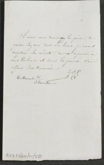 21 Νοεμβρίου / 3 Δεκεμβρίου 1827 Πρόσκληση στον Αλέξανδρο Μαυροκορδάτο να περάσει για να παραλάβει την απάντηση προς τον Κόχραν με την υπόσχεση ότι το ζήτημα θα λύθεί.