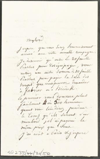 23 Δεκεμβρίου 1827 Ο Jean-Gabriel Eynard στέλνει στον Κόχραν 20.000 πιάστρα για τους μισθούς του ναυτικού και 10.000 για τους στρατιώτες του αποβατικού σώματος. Ελπίζει ότι η επιτροπή του Παρισιού θα μπορέσει να πληρώσει άλλα 10.000 πιάστρα.