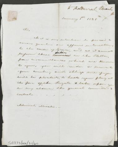 1 Ιανουαρίου 1828 Δύο σύντομες επιστολές του Κόχραν προς τον Ανδρέα Μιαούλη