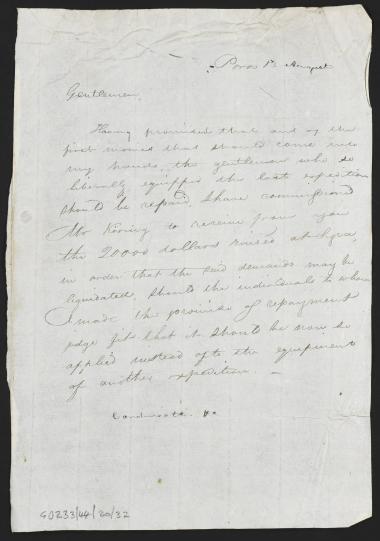 13 Αυγούστου 1827 Ο Κόχραν ζήτησε από τον Keering να πάρει από τον Κουντουριώτη τα 2000 δολλάρια, που συνλλέχθηκαν στη Σύρο, για να επιστρέψει τα χρήματα σε όσους χρηματοδότησαν την τελευταία επιχείρηση.