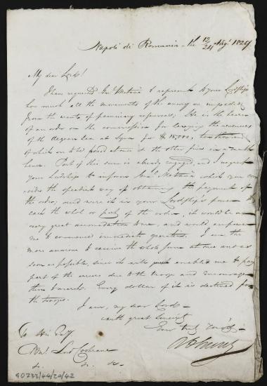 2/24 Αυγούστου 1827 Ο Richard Church ζητάει από τον Κόχραν να δώσει εντολή για να παραλάβει 15.000 από τους φόρους της Σύρου ώστε να εξηγήσει άμεσα τις πολεμικές επιχειρήσεις.