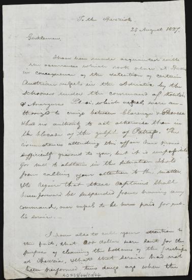 25 Αυγούστου 1827 Ο Κόχραν κζητάει από τους δημογέροντες των Σπετσών να αποκλείσουν από τη διοίκηση πλοίων που υπηρετούν το δημόσιο συμφέρον τον Κούτση και τον Ανάργυρο Λεμπέση που επιτέθηκαν σε αυστριακό πλοίο στην Αδριατική, ενώ η ακτίνα δράσης τους ήταν από την Κυλλήνη ως την Πρέβεζα