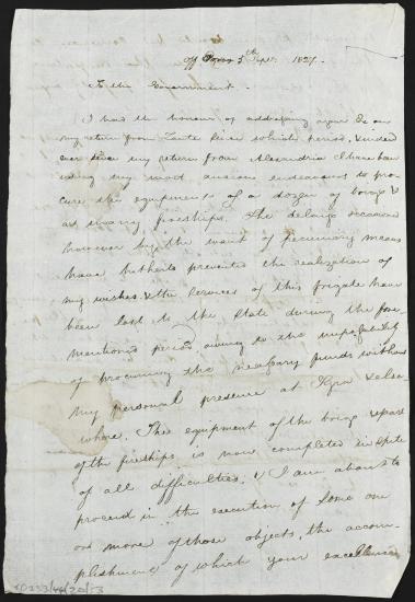 5 Σεπτεμβρίου 1827 Ο Κόχραν παραπονιέται για την έλλειψη χρημάτων που καθυστερεί τον εξοπλισμό των μπρικιών και των πυροβόλων πλοίων