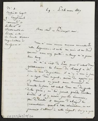 24 Μαρτίου 1827 (Αν και η επιστολή απευθύνεται στον Βιάρο Καποδίστρια έχει ως παραλήπτη τον Κόχραν) O Toussaint Joseph Borély ανησυχεί  γιατί δεν έδει λάβει ακόμη νέα του