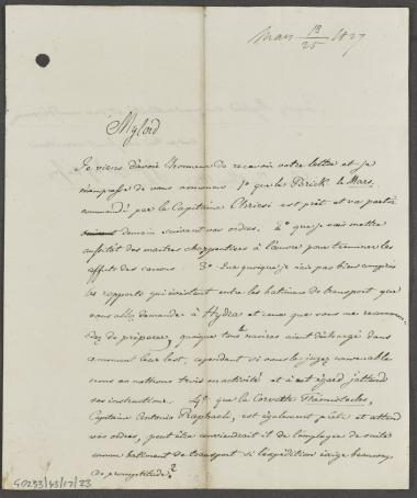 13/25 Μαρτίου 1827 O Μανόλης Τομπάζης έλαβε την επιστολή του Κόχραν και τον ενημερώνει ότι το μπρίκι Άρης με κυβερνήτη τον Αντώνιο Κριεζής περιμένει τις εντολές του για να αποπλεύσει