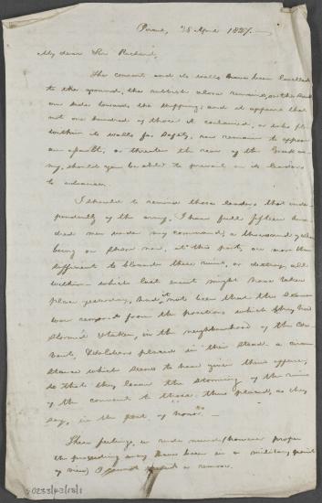 28 Απριλίου 1827 Ο Κόχραν ενημερώνει τον Τσωρτς ότι το μοναστήρι του Αγίου Σπυρίδωνα έχει σχεδόν ισοπεδωθεί και σύντομα θα το καταλάβουν οι ελληνικές δυνάμεις