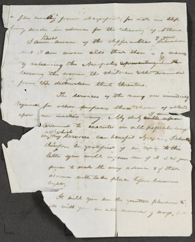 Μάιος 1827: Ο Κόχραν γράφει στον Καραϊσκάκη ότι κατανοεί τις δυσκολίες που αντιμετωπίζει, αλλά είναι προτεραιότητα να σπάσουν την πολιορκία της Ακρόπολης και να σώσουν τα γυναικόπαιδα και τους πληγωμένους