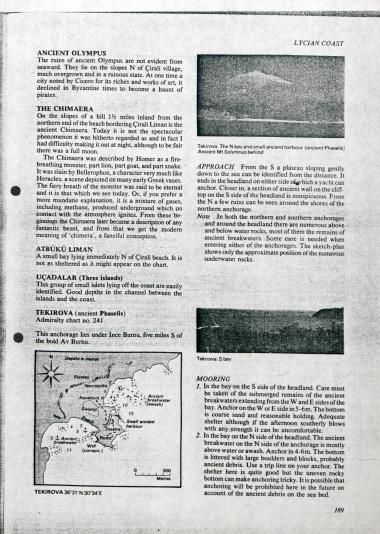 Απόσπασμα από πορτολάνο. Περιγράφονται ο Όλυμπος Λυκίας, το Γιανάρτας, ο λιμένας Atbükü, τα Uçadalar και οι ακτές γύρω από το Tekirova