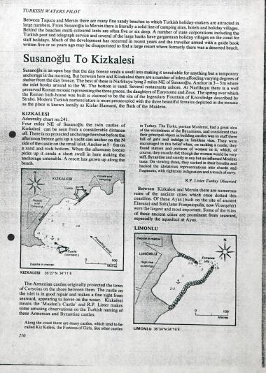 Απόσπασμα από πορτολάνο. Περιγράφεται η πόλη Kızkalesı. Κάτω δεξιά χάρτης του λιμένα του Limonlu στην Κιλικία