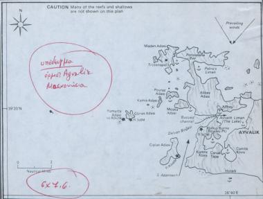 Χάρτης του όρμου του Αϊβαλί με τα Μοσχονήσια