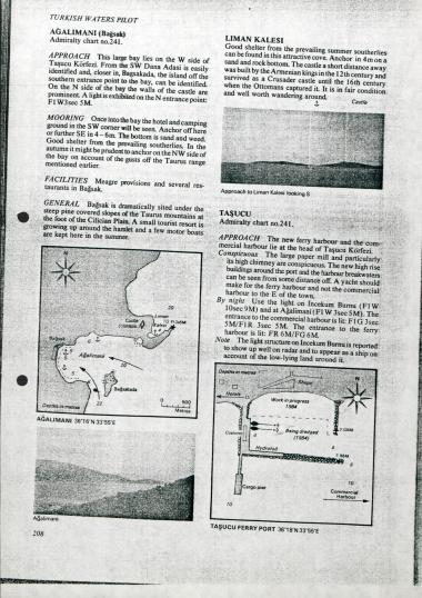 Χάρτης των αγκυροβολίων των ακτών της Κιλικίας: Ağalimanı και Taşucu.