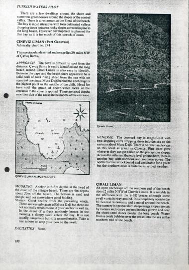 Ναυτικός χάρτης των ακτών γύρω από την Αττάλεια: Cineviz Limanı και Cirali Limanı.