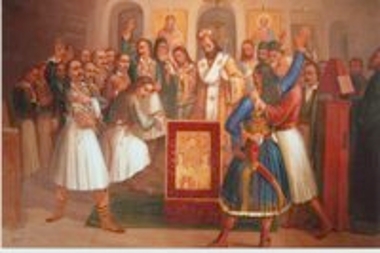 Ο Παλαιών Πατρών Γερμανός ευλογεί τη σημαία της Επανάστασης