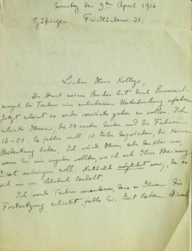 Χειρόγραφη επιστολή του Κωνσταντίνου Καραθεοδωρή προς τον Άρθουρ Ρόζενταλ.