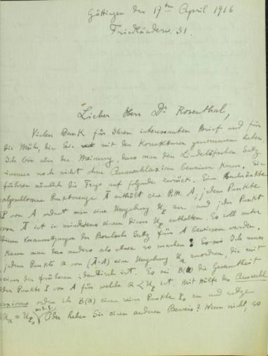 Χειρόγραφη επιστολή του Κωνσταντίνου Καραθεοδωρή προς τον Άρθουρ Ρόζενταλ.