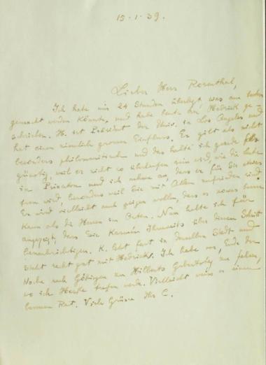 Χειρόγραφη επιστολή του Κωνσταντίνου Καραθεοδωρή προς τον Άρθουρ Ρόζενταλ.