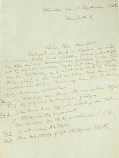 Χειρόγραφη επιστολή του Κωνσταντίνου Καραθεοδωρή προς τον Άρθουρ Ρόζενταλ.