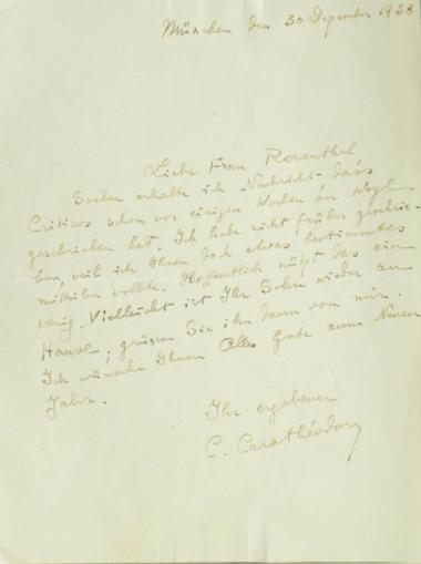 Χειρόγραφη επιστολή του Κωνσταντίνου Καραθεοδωρή προς τον Άρθουρ Ρόζενταλ.