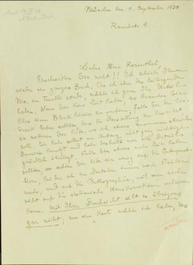 Χειρόγραφη επιστολή του Κωνσταντίνου Καραθεοδωρή προς τον Άρθουρ Ρόζενταλ.