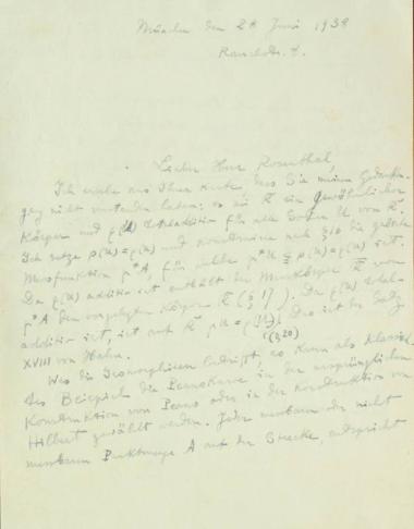 Χειρόγραφη επιστολή του Κωνσταντίνου Καραθεοδωρή προς τον Άρθουρ Ρόζενταλ.