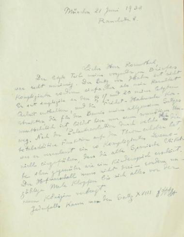 Χειρόγραφη επιστολή του Κωνσταντίνου Καραθεοδωρή προς τον Άρθουρ Ρόζενταλ.