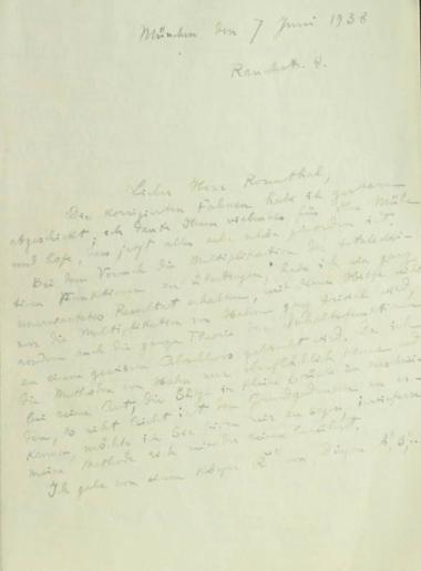 Χειρόγραφη επιστολή του Κωνσταντίνου Καραθεοδωρή προς τον Άρθουρ Ρόζενταλ.