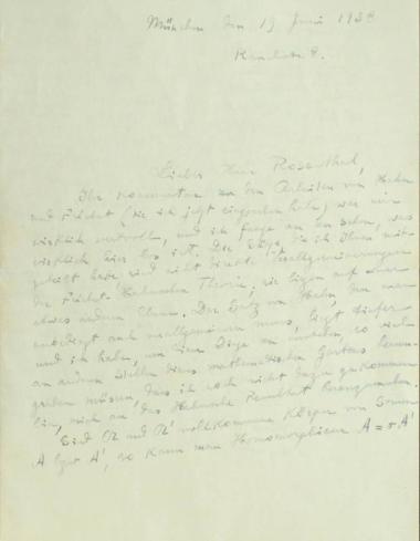 Χειρόγραφη επιστολή του Κωνσταντίνου Καραθεοδωρή προς τον Άρθουρ Ρόζενταλ.