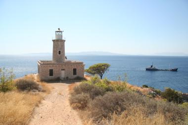 The lighthouse at Peristeria (Cape Lykopoulo), Salamis island.