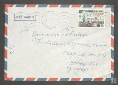 Ταχυδρομικός φάκελος προς τον Επαμεινώνδα Πετραλιά και την Ελληνική Ολυμπιακή Επιτροπή με γραμματόσημο: SUOMI FINLAND