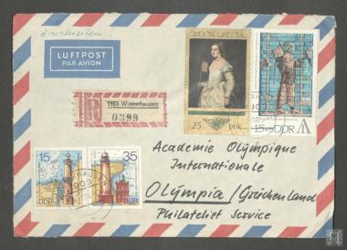 Ταχυδρομικός φάκελος από την πόλη της Γερμανίας Wusterhausen με γραμματόσημα προς την Διεθνή Ολυμπιακή Ακαδημία