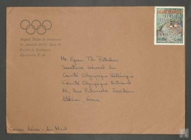 Ταχυδρομικός φάκελος από την Ολυμπιακή Επιτροπή Γουατεμάλας με γραμματόσημο προς τον Γενικό Γραμματέα της Ελληνικής Ολυμπιακής Επιτροπής Επαμεινώνδα Πετραλιά
