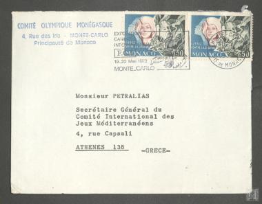 Ταχυδρομικός φάκελος από την Ολυμπιακή Επιτροπή Μονακό με γραμματόσημα (F.C.I 19-20 Μαϊου 1973) προς τον Γενικό Γραμματέα της Διεθνούς Επιτροπής Μεσογειακών Αγώνων