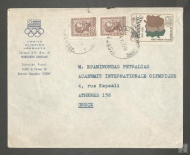Ταχυδρομικός φάκελος από την Ολυμπιακή Επιτροπή Ουρουγουάης με γραμματόσημα προς τον Πρόεδρο της Διεθνούς Ολυμπιακής Ακαδημίας Επαμεινώνδα Πετραλιά