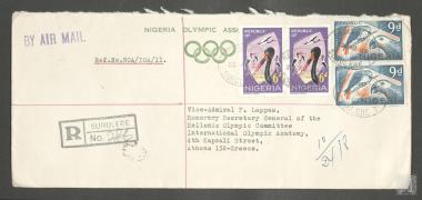 Ταχυδρομικός φάκελος της Ολυμπιακής Επιτροπής Νιγηρίας με γραμματόσημα προς τον Αντιναύαρχο Πύρρο Λάππα