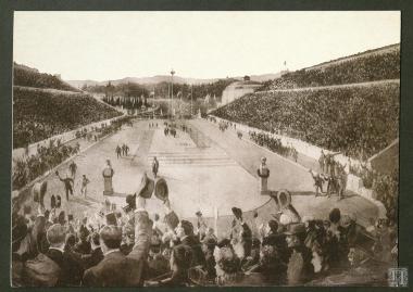 Ολυμπιακοί Αγώνες, Αθήνα 1896.
Παναθηναϊκό Στάδιο. Τερματισμός του νικητή του μαραθωνίου Σπύρο Λούη.
Εθνικό Ιστορικό Μουσείο
