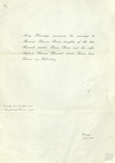 Προσκλητήριο γάμου του Brundage Avery (Πρόεδρος Διεθνούς Ολυμπιακής Επιτροπής)