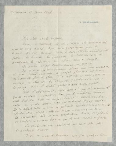 Επιστολή  Γιάννη Ψυχάρη στην Ελένη Πετραλιά (αδελφή Θάνου Πετραλιά) την οποία πληροφορεί για τη συγγραφή πονήματος, ιστορικού ενδιαφέροντος, αλλά και σχολιάζει τις εξελίξεις από το ξέσπασμα της ρωσικής επανάστασης