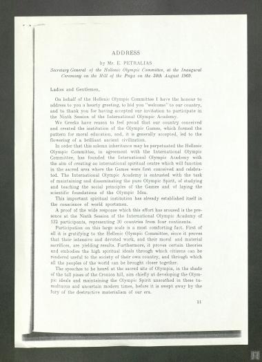 Ομιλία του Προέδρου της Διεθνούς Ολυμπιακής Ακαδημίας και Γενικού Γραμματέα της Ελληνικής Ολυμπιακής Επιτροπής, Επαμεινώνδα Πετραλιά, στην Έναρξη των εργασιών της 9ης Συνόδου της Διεθνούς Ολυμπιακής Ακαδημίας