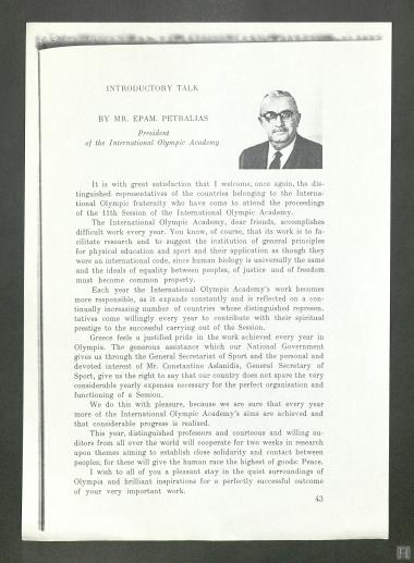 Ομιλία του Προέδρου της Διεθνούς Ολυμπιακής Ακαδημίας και Γενικού Γραμματέα της Ελληνικής Ολυμπιακής Επιτροπής, Επαμεινώνδα Πετραλιά, στην Έναρξη των εργασιών της 11ης Συνόδου της Διεθνούς Ολυμπιακής Ακαδημίας