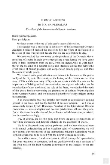 Ομιλία του Προέδρου της Διεθνούς Ολυμπιακής Ακαδημίας και Γενικού Γραμματέα της Ελληνικής Ολυμπιακής Επιτροπής, Επαμεινώνδα Πετραλιά, στην Λήξη των εργασιών της 10ης Συνόδου της Διεθνούς Ολυμπιακής Ακαδημίας