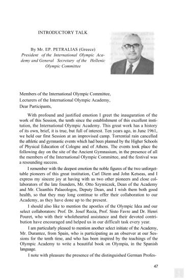 Ομιλία του Προέδρου της Διεθνούς Ολυμπιακής Ακαδημίας και Γενικού Γραμματέα της Ελληνικής Ολυμπιακής Επιτροπής, Επαμεινώνδα Πετραλιά, στη 10η Σύνοδο της Διεθνούς Ολυμπιακής Ακαδημίας