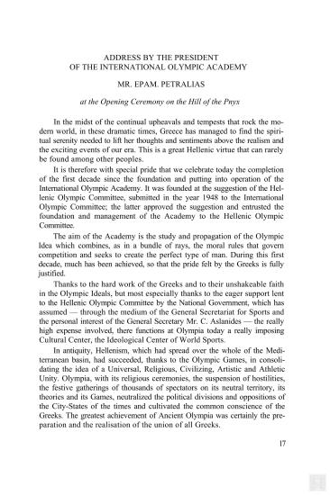 Ομιλία του Προέδρου της Διεθνούς Ολυμπιακής Ακαδημίας και Γενικού Γραμματέα της Ελληνικής Ολυμπιακής Επιτροπής, Επαμεινώνδα Πετραλιά, στην Έναρξη των εργασιών της 10ης Συνόδου της Διεθνούς Ολυμπιακής Ακαδημίας