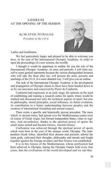Ομιλία του Προέδρου της Διεθνούς Ολυμπιακής Ακαδημίας και Γενικού Γραμματέα της Ελληνικής Ολυμπιακής Επιτροπής, Επαμεινώνδα Πετραλιά, στην Έναρξη των εργασιών της  12ης Συνόδου της Διεθνούς Ολυμπιακής Ακαδημίας