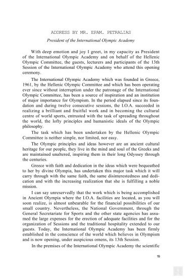 Ομιλία του Προέδρου της Διεθνούς Ολυμπιακής Ακαδημίας και Γενικού Γραμματέα της Ελληνικής Ολυμπιακής Επιτροπής, Επαμεινώνδα Πετραλιά, στην  13η Σύνοδο της Διεθνούς Ολυμπιακής Ακαδημίας