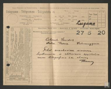 Τηλεγράφημα  του Θάνου Πετραλιά προς τον Κωνσταντίνο Μ.  Λεβίδη