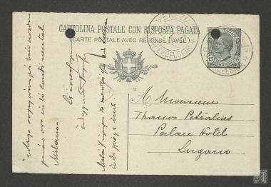 Carte postale. Συνάντηση  Γεωργίου Πεσματζόγλου με μέλη της ελληνικής βασιλικής οικογένειας στην Βενετία. Αναφορά για τη μη λήψη αντιτύπων που απέστειλε ο Γεώργιος Πεσματζόγλου στον Θάνο Πετραλιά