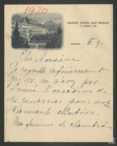 Ευχαριστήρια επιστολή της Πριγκίπισσας Rohan στον Θάνο Πετραλιά. Επικείμενη επίσκεψή της στη Ζυρίχη και ενδεχόμενη συνάντηση με τον Γεώργιο Στρέιτ